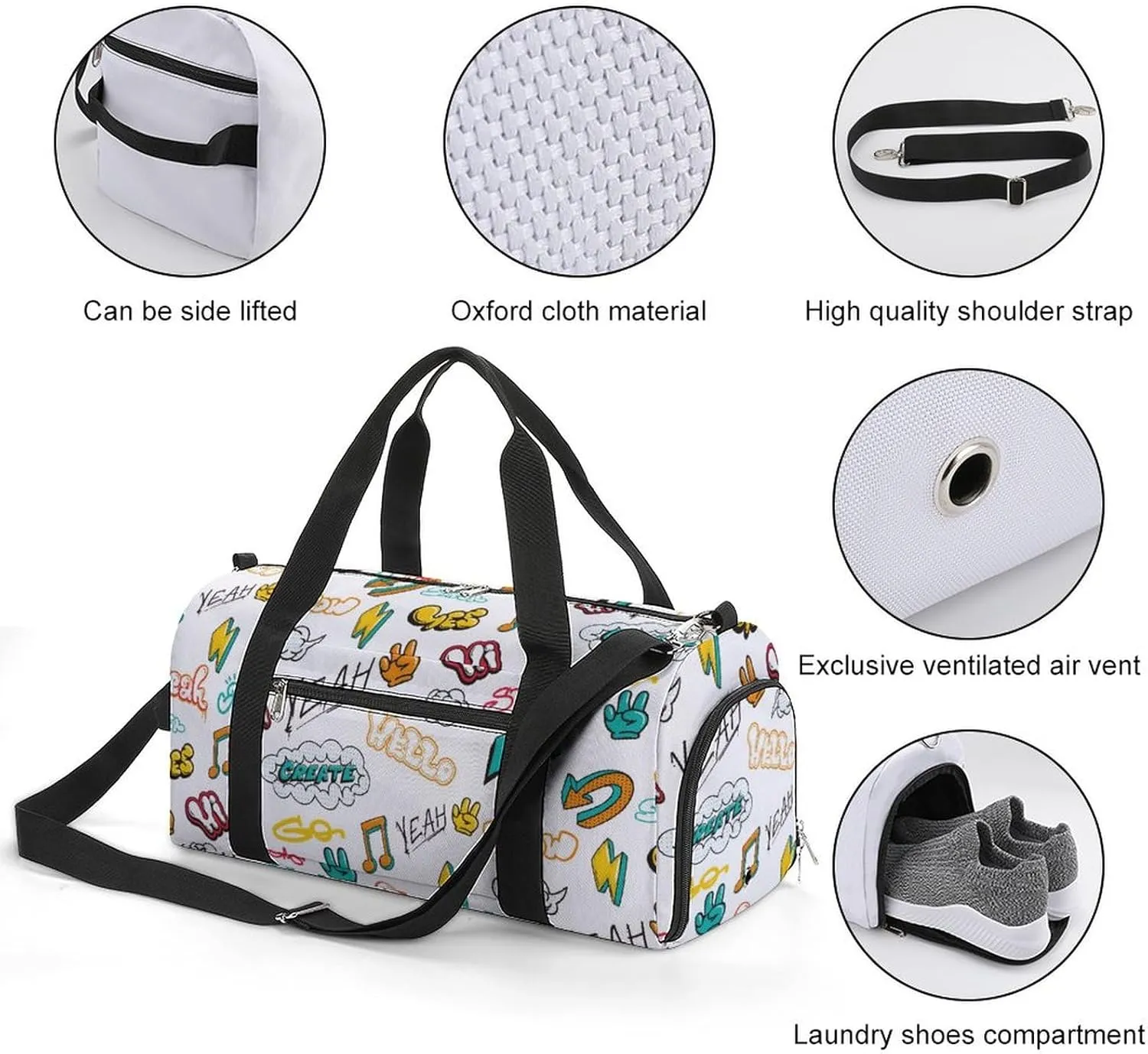 Graffiti in Pop Art Style with Text Fitness Large Gym Bag for Unisex with Shoe Compartment & Wet Pocket