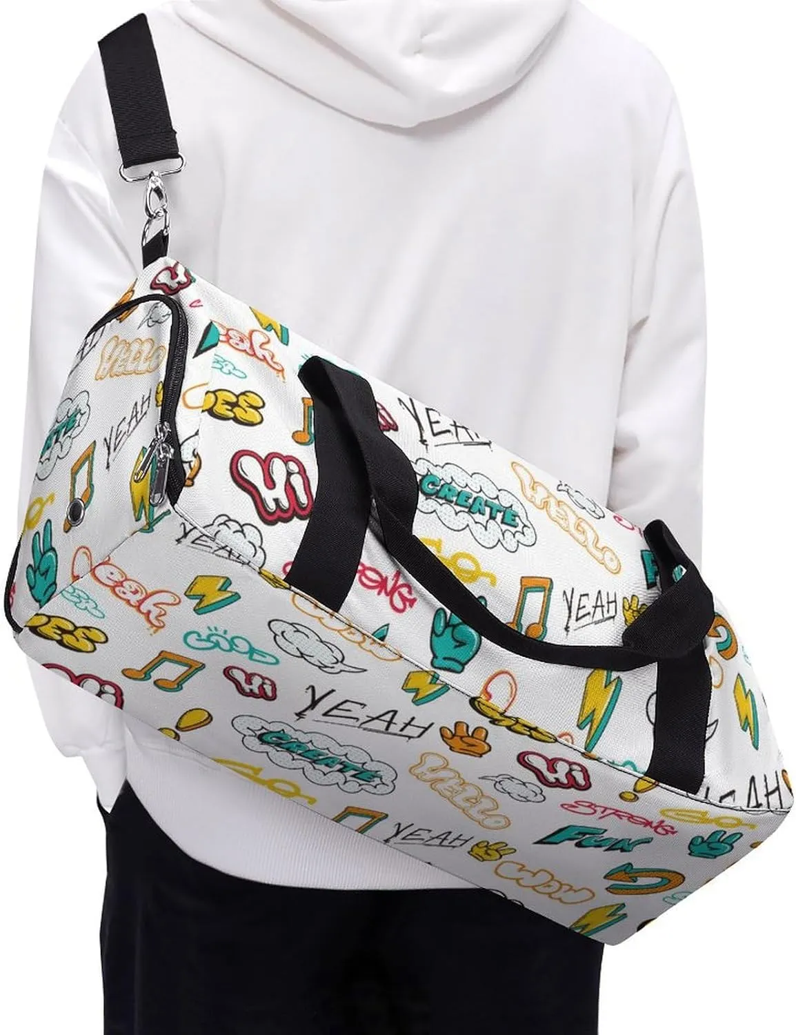 Graffiti in Pop Art Style with Text Fitness Large Gym Bag for Unisex with Shoe Compartment & Wet Pocket