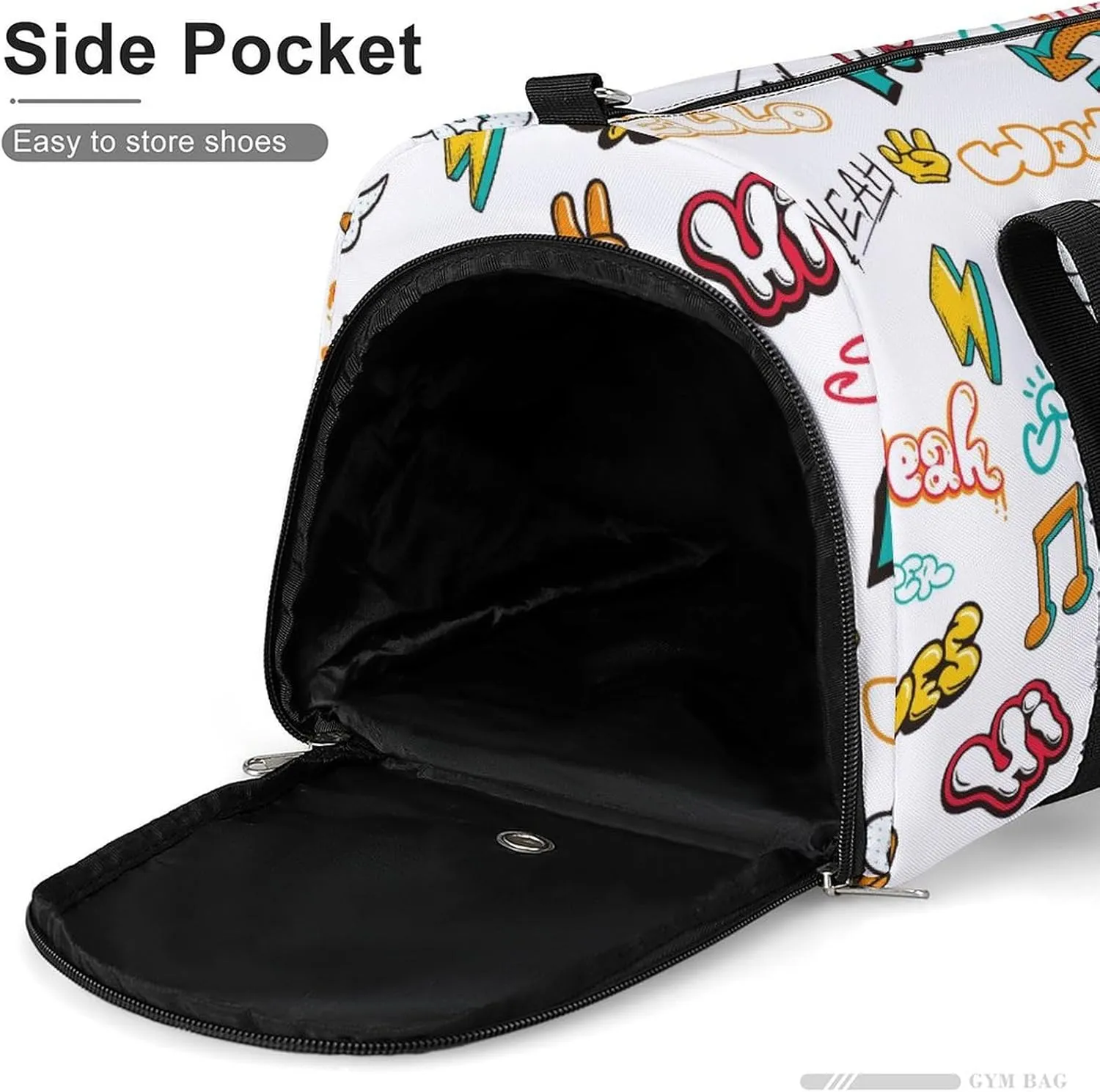 Graffiti in Pop Art Style with Text Fitness Large Gym Bag for Unisex with Shoe Compartment & Wet Pocket