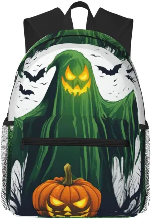 Green Ghost Horror Halloween Pumpkin College Backpack For Women Men,Lightweight Travel Bag Backpack With Pockets for Women Men