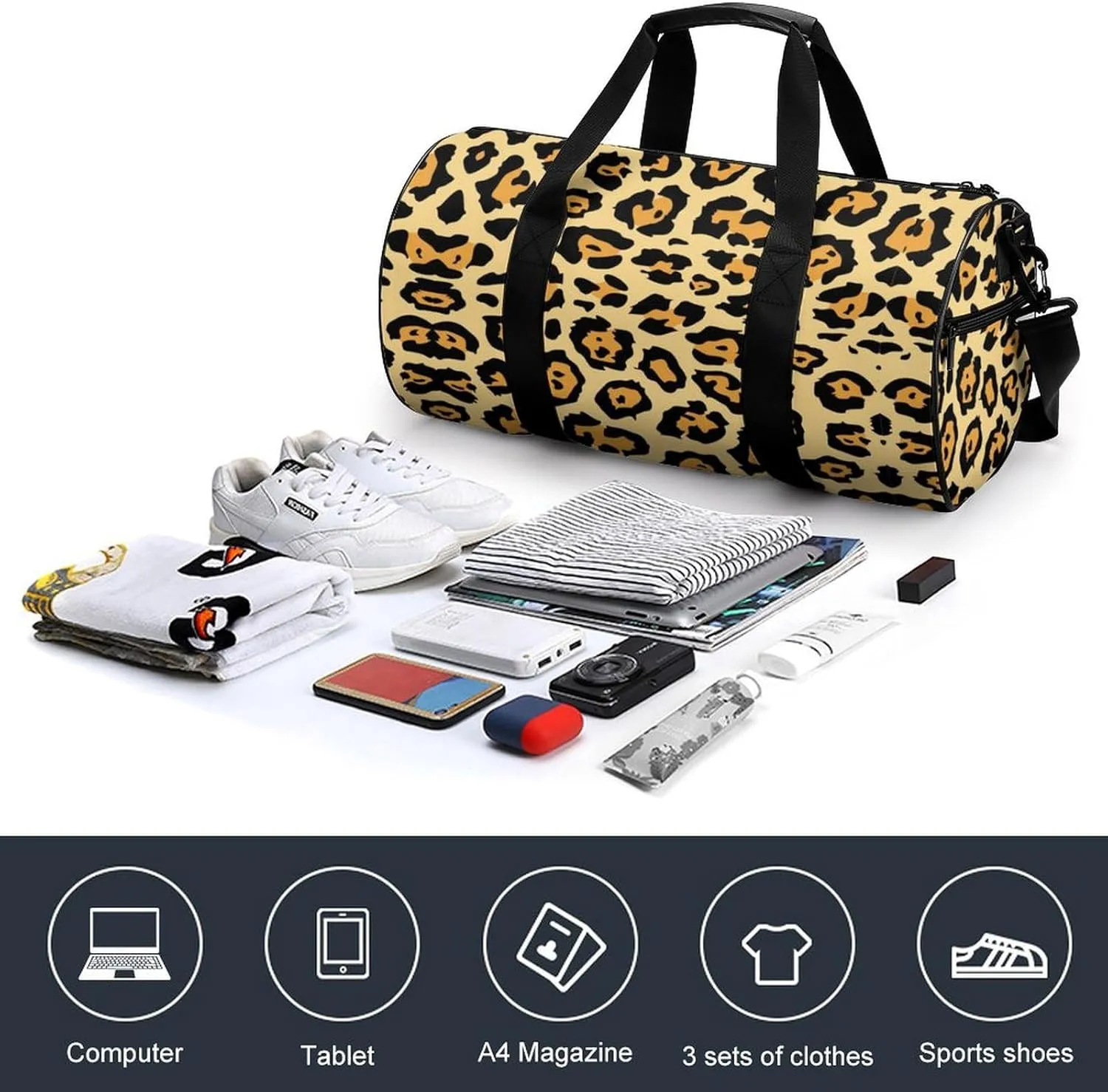 Gym Bag for Men Women Lightweight Sports Duffle Bag with Multiple Compartments Cylindrical Gym Bag for Fitness Travel And Outdoor Activities Ater Resistant Yoga Bag Training Bag Animal-print
