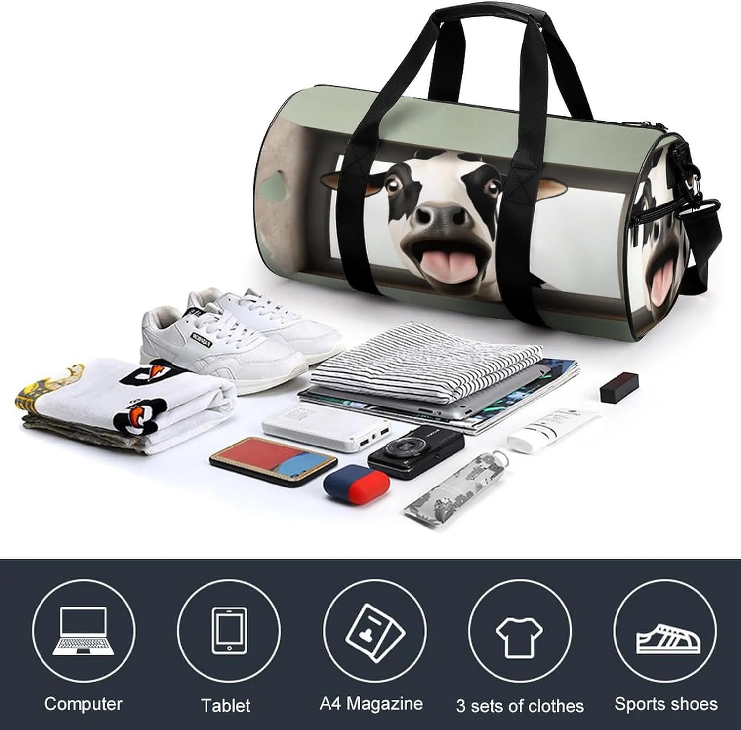 Gym Bag for Men Women Lightweight Sports Duffle Bag with Multiple Compartments Cylindrical Gym Bag for Fitness Travel And Outdoor Activities Ater Resistant Yoga Bag Training Bag Funny Cow