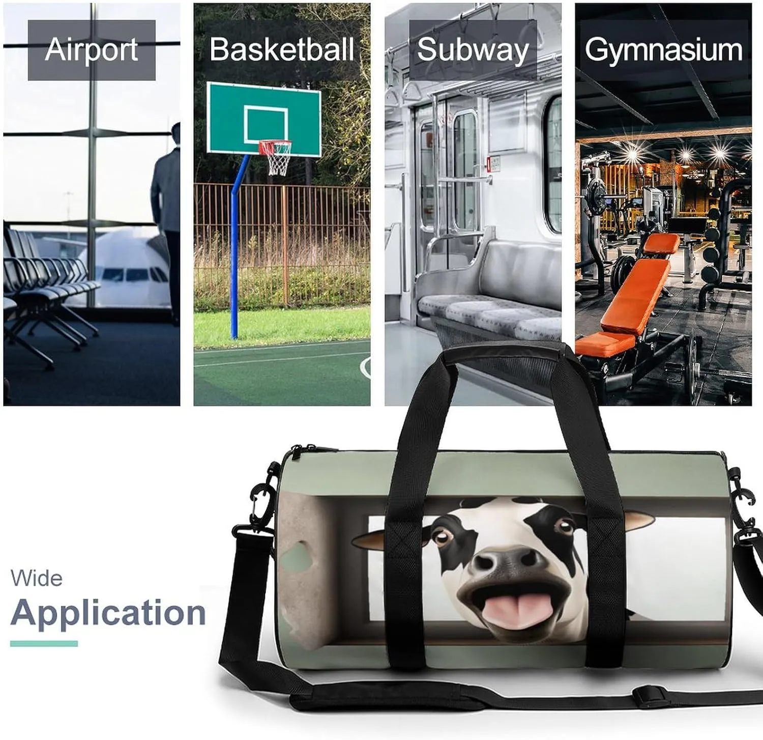 Gym Bag for Men Women Lightweight Sports Duffle Bag with Multiple Compartments Cylindrical Gym Bag for Fitness Travel And Outdoor Activities Ater Resistant Yoga Bag Training Bag Funny Cow