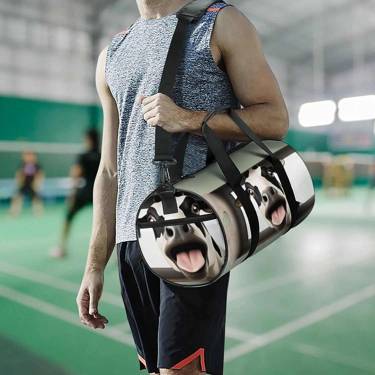 Gym Bag for Men Women Lightweight Sports Duffle Bag with Multiple Compartments Cylindrical Gym Bag for Fitness Travel And Outdoor Activities Ater Resistant Yoga Bag Training Bag Funny Cow