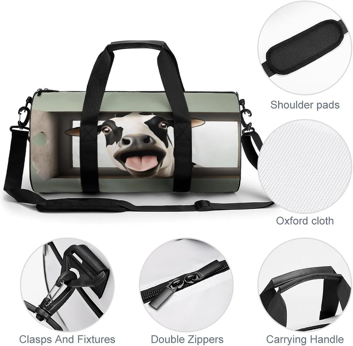 Gym Bag for Men Women Lightweight Sports Duffle Bag with Multiple Compartments Cylindrical Gym Bag for Fitness Travel And Outdoor Activities Ater Resistant Yoga Bag Training Bag Funny Cow