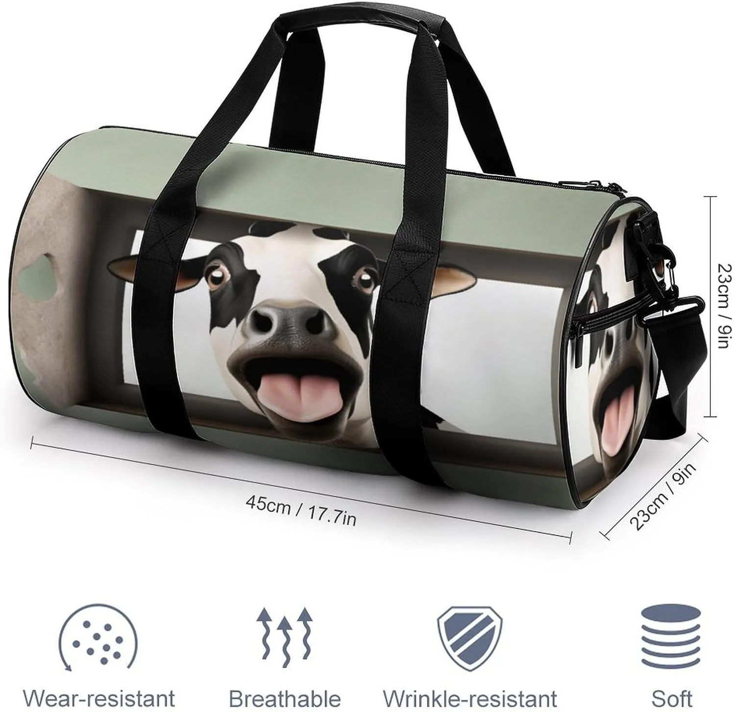 Gym Bag for Men Women Lightweight Sports Duffle Bag with Multiple Compartments Cylindrical Gym Bag for Fitness Travel And Outdoor Activities Ater Resistant Yoga Bag Training Bag Funny Cow