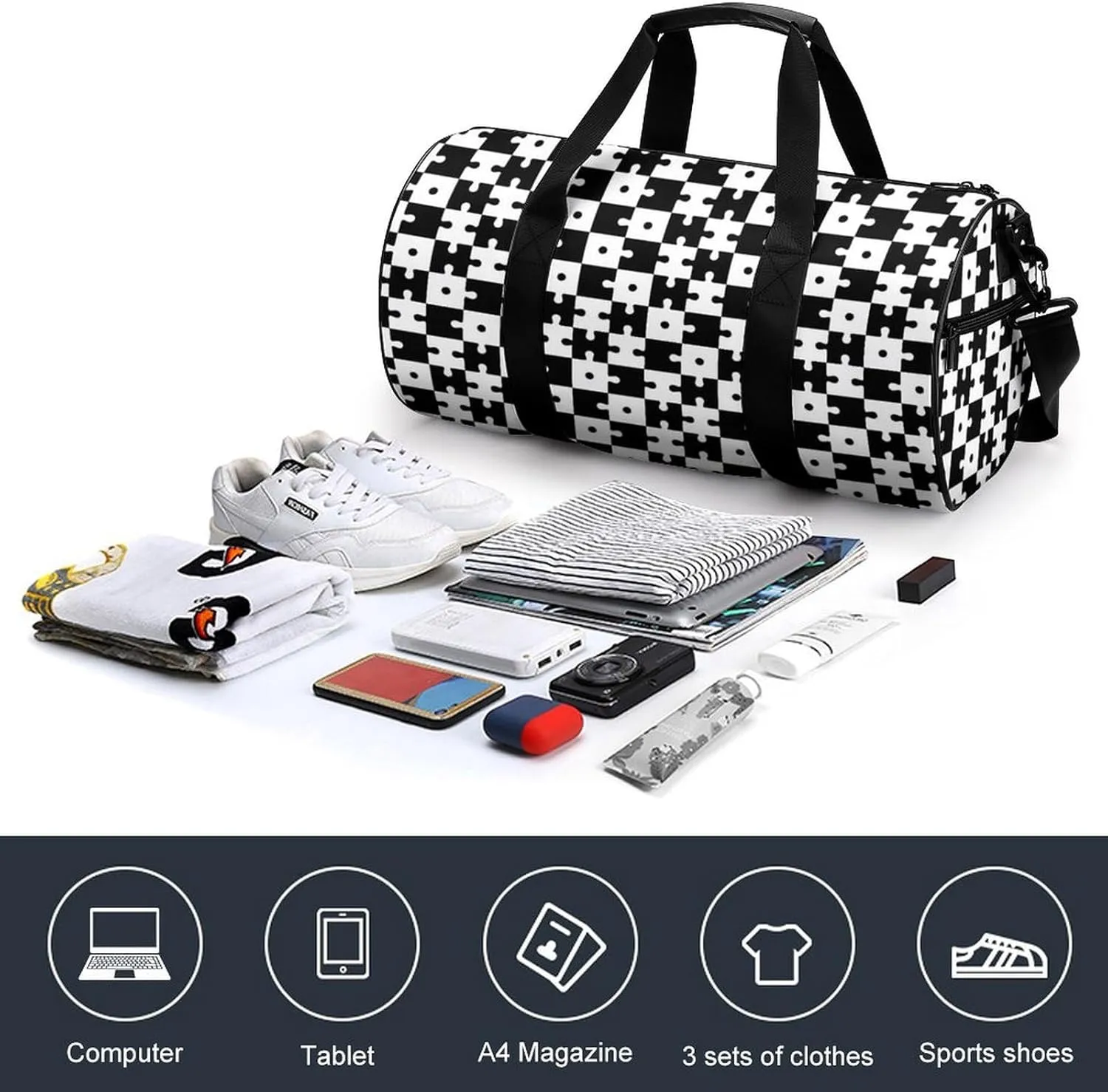 Gym Bag for Men Women Lightweight Sports Duffle Bag with Multiple Compartments Cylindrical Gym Bag for Fitness Travel And Outdoor Activities Ater Resistant Yoga Bag Training Bag Puzzle Blocks