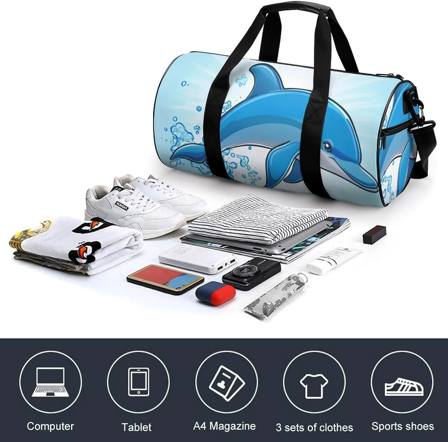 Gym Bag for Men Women Lightweight Sports Duffle Bag with Multiple Compartments Cylindrical Gym Bag for Fitness Travel And Outdoor Activities Ater Resistant Yoga Bag Training Bag Splashing Dolphin