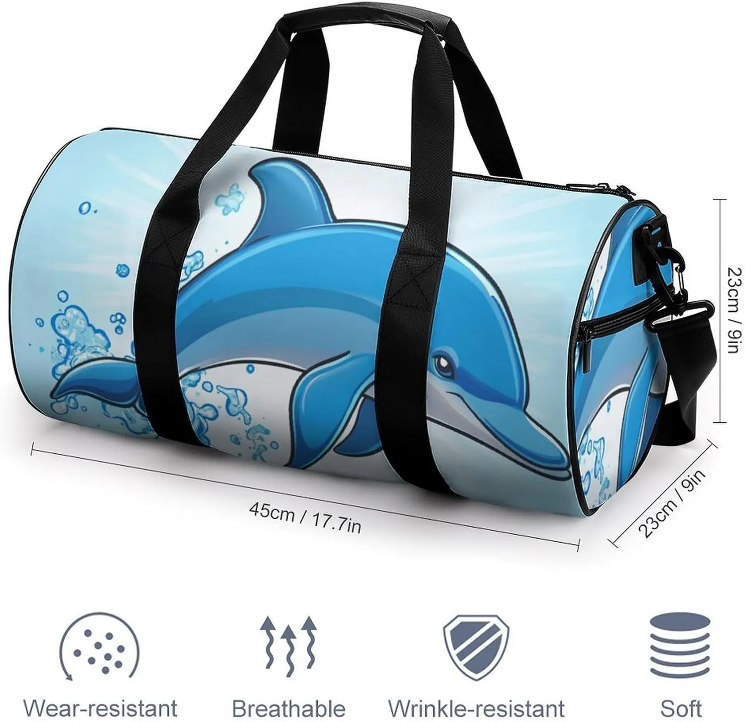 Gym Bag for Men Women Lightweight Sports Duffle Bag with Multiple Compartments Cylindrical Gym Bag for Fitness Travel And Outdoor Activities Ater Resistant Yoga Bag Training Bag Splashing Dolphin