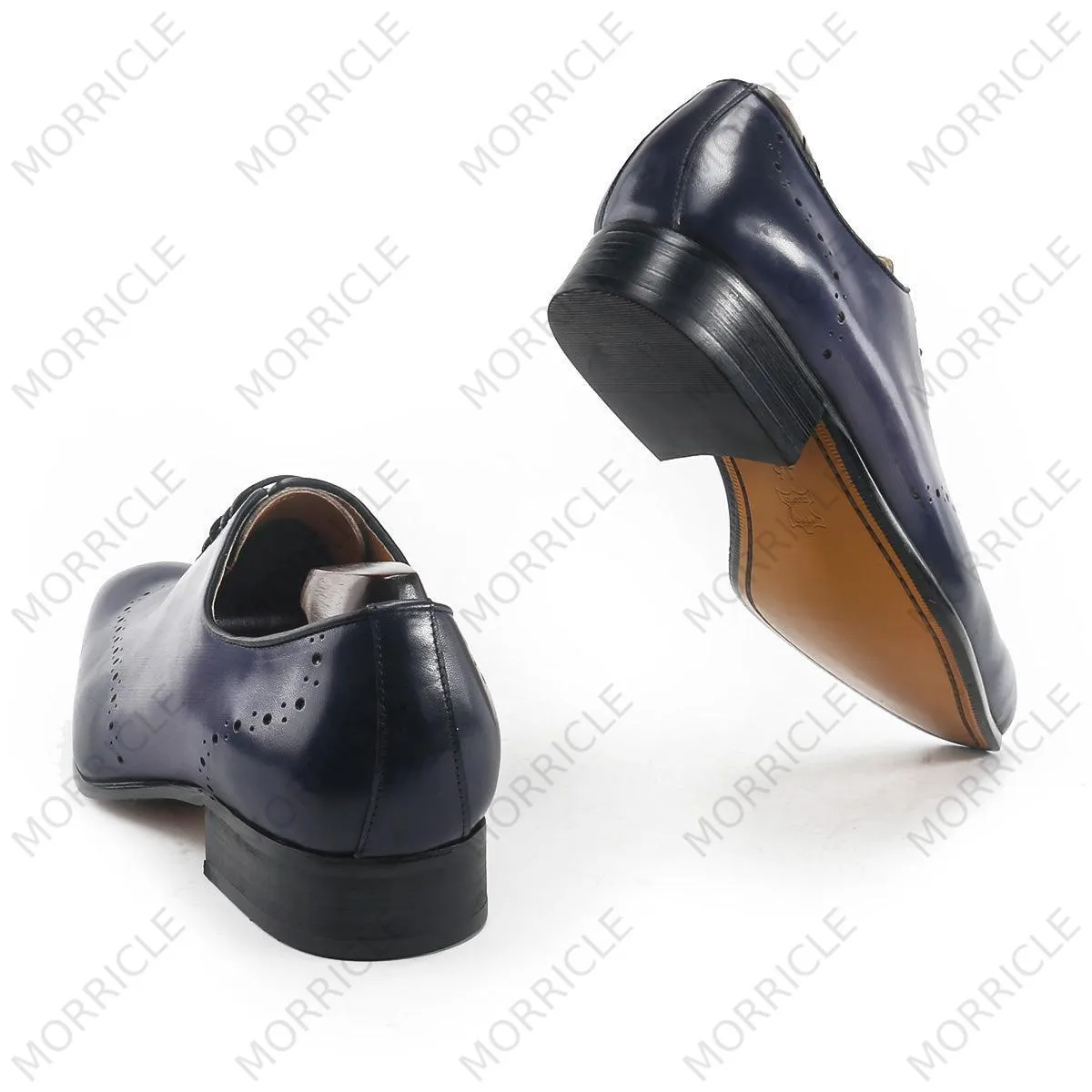 Hand-Painted Light Indigo Burnished Oxford Shoes