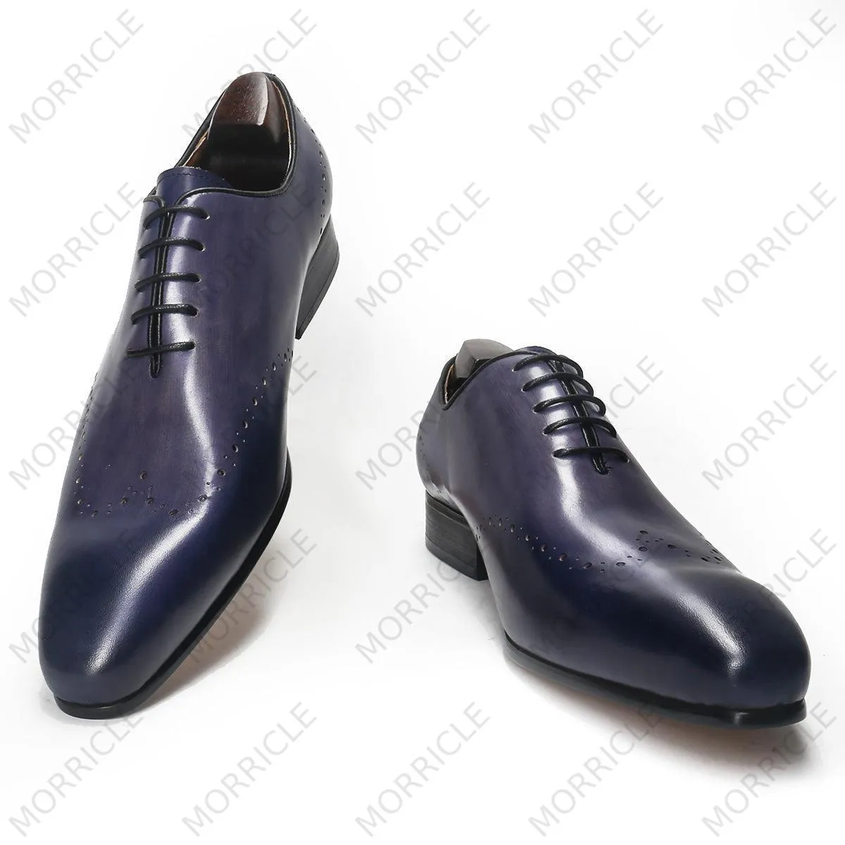 Hand-Painted Light Indigo Burnished Oxford Shoes