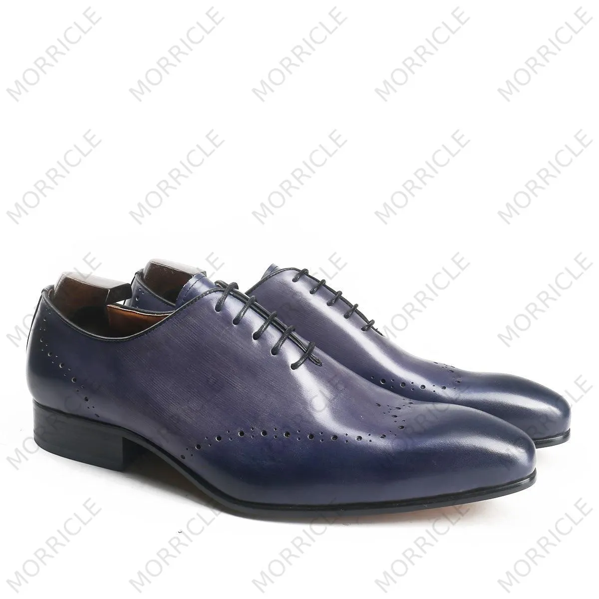 Hand-Painted Light Indigo Burnished Oxford Shoes
