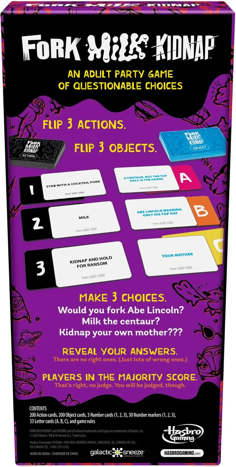 Hasbro Gaming Fork Milk Kidnap Game for Adults Only, an Adult Party Game of Questionable Choices, Ages 17 , for 3 to 10 Players, Hilarious NSFW Card Games
