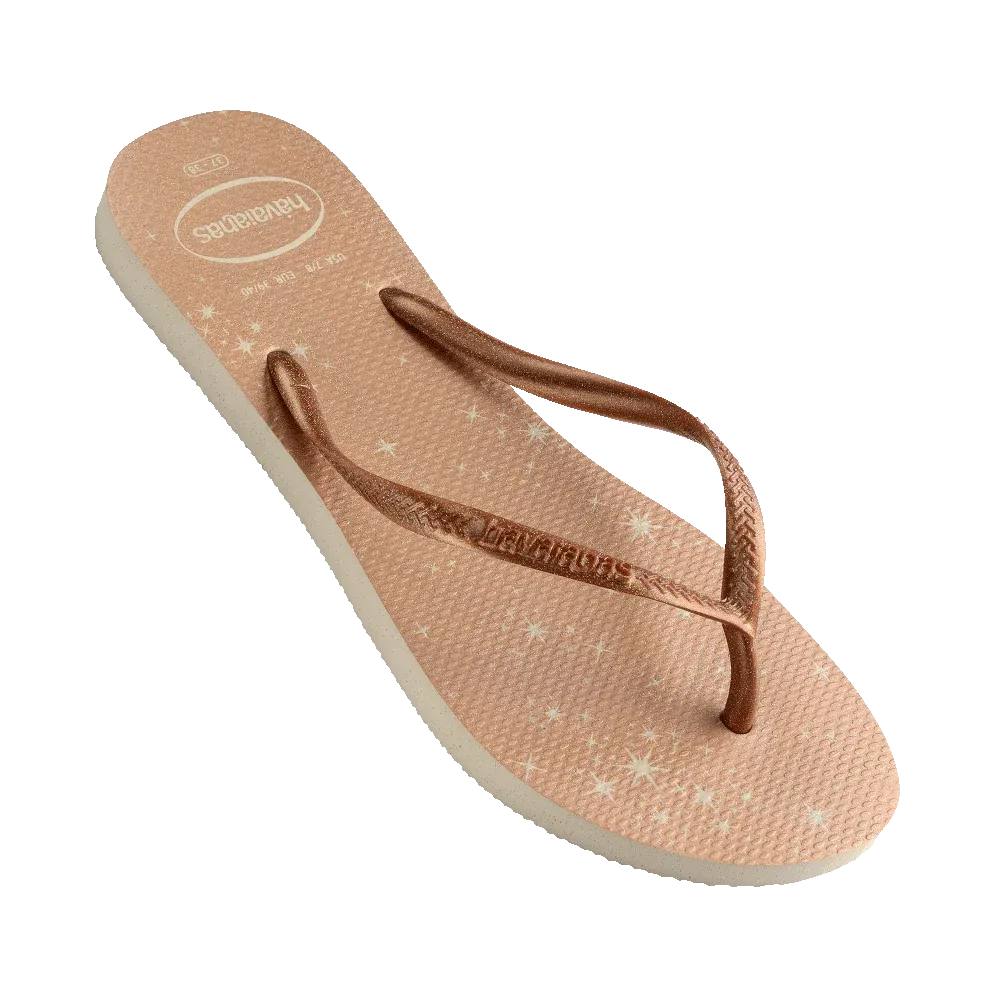 .Havaianas Womens Slim Glitter Gold Stars Gloss Flip Flops Golden - HVSTAR - F
