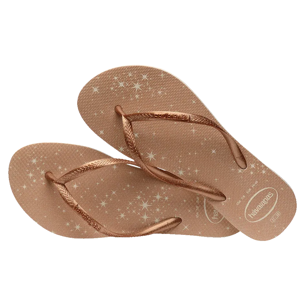 .Havaianas Womens Slim Glitter Gold Stars Gloss Flip Flops Golden - HVSTAR - F