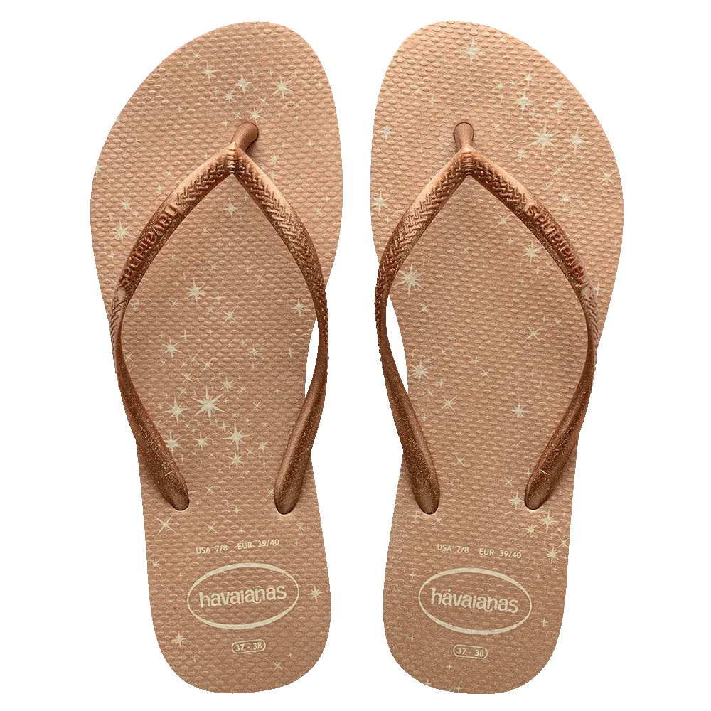 .Havaianas Womens Slim Glitter Gold Stars Gloss Flip Flops Golden - HVSTAR - F
