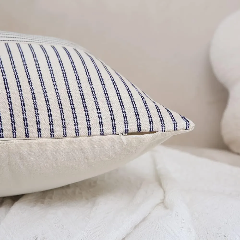 Hckot Navy Blue and Beige Patchwork Farmhouse Throw Pillow Covers 20 x 20 Inch, Pack of 2 Striped Linen Decorative Pillow Case for Sofa Couch Chair Bedroom Modern Decor (20" x 20", Navy Blue)
