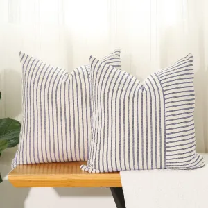Hckot Navy Blue and Beige Patchwork Farmhouse Throw Pillow Covers 20 x 20 Inch, Pack of 2 Striped Linen Decorative Pillow Case for Sofa Couch Chair Bedroom Modern Decor (20" x 20", Navy Blue)