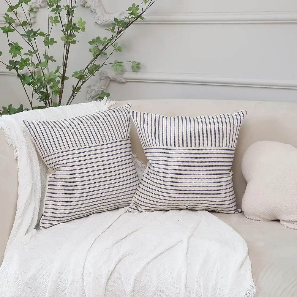 Hckot Navy Blue and Beige Patchwork Farmhouse Throw Pillow Covers 20 x 20 Inch, Pack of 2 Striped Linen Decorative Pillow Case for Sofa Couch Chair Bedroom Modern Decor (20" x 20", Navy Blue)