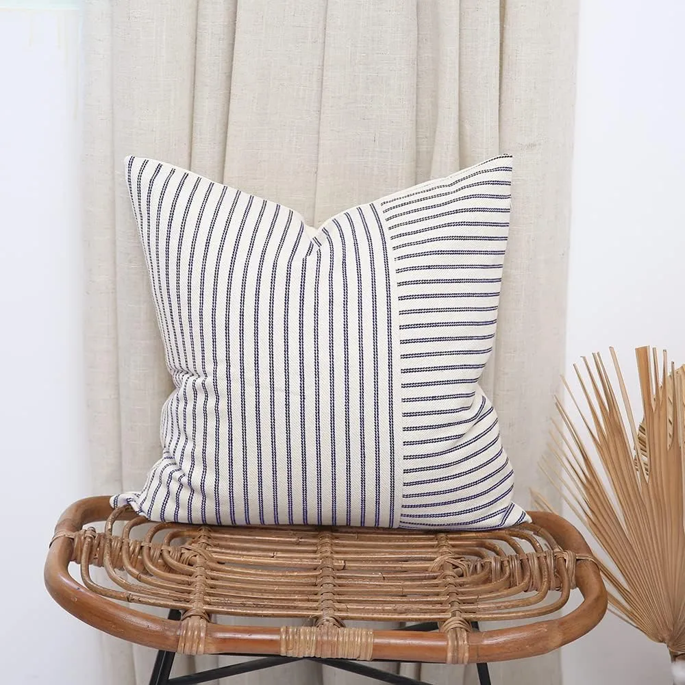 Hckot Navy Blue and Beige Patchwork Farmhouse Throw Pillow Covers 20 x 20 Inch, Pack of 2 Striped Linen Decorative Pillow Case for Sofa Couch Chair Bedroom Modern Decor (20" x 20", Navy Blue)