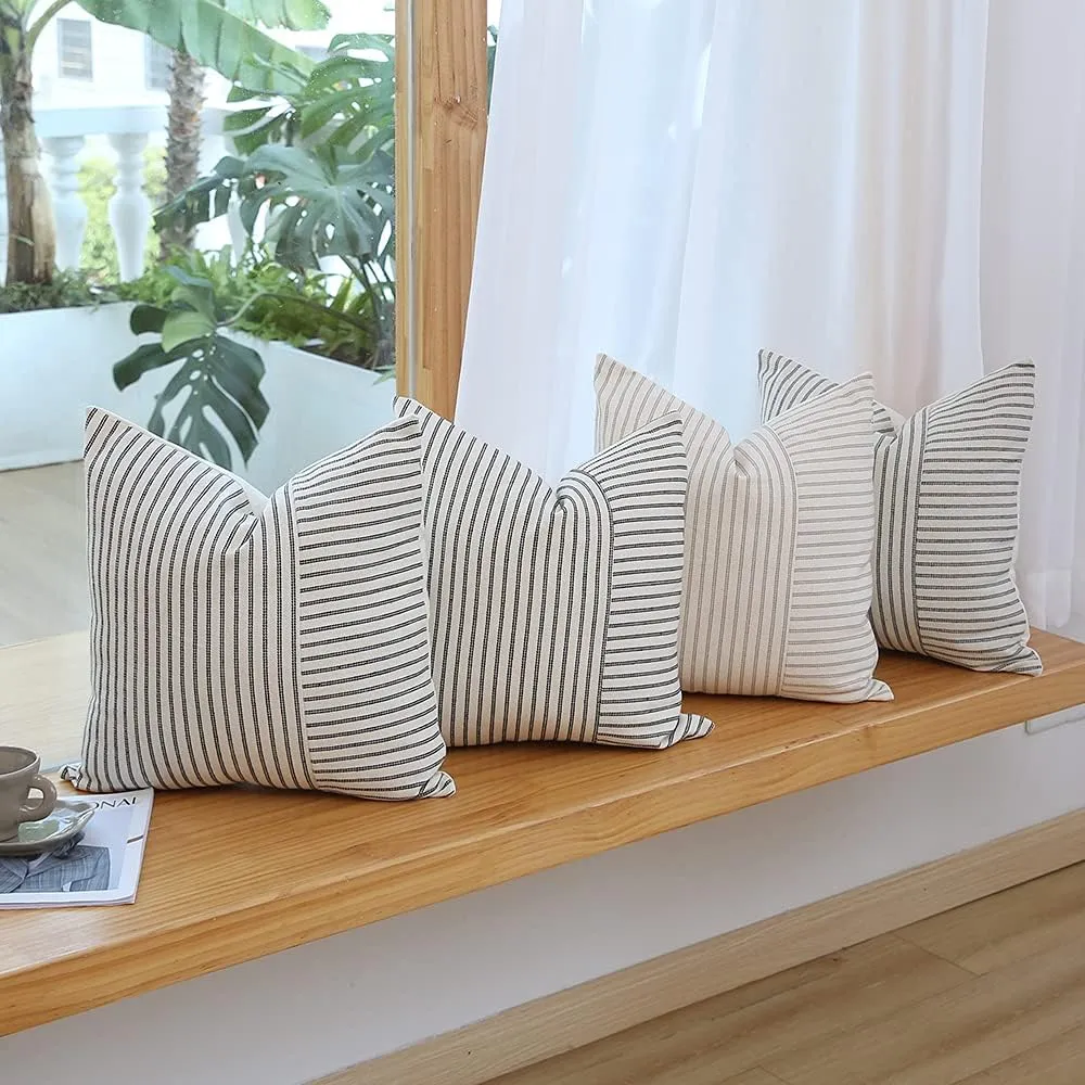 Hckot Navy Blue and Beige Patchwork Farmhouse Throw Pillow Covers 20 x 20 Inch, Pack of 2 Striped Linen Decorative Pillow Case for Sofa Couch Chair Bedroom Modern Decor (20" x 20", Navy Blue)