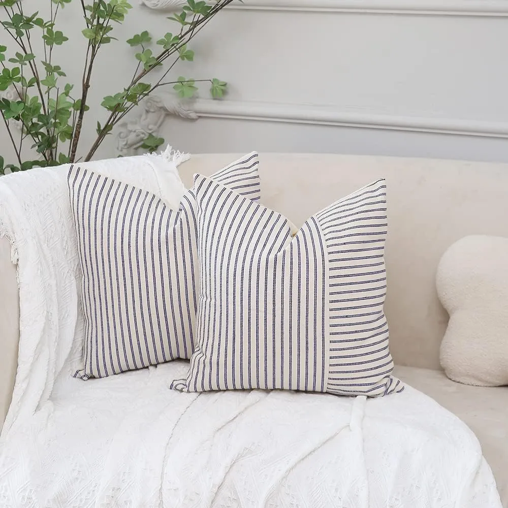 Hckot Navy Blue and Beige Patchwork Farmhouse Throw Pillow Covers 20 x 20 Inch, Pack of 2 Striped Linen Decorative Pillow Case for Sofa Couch Chair Bedroom Modern Decor (20" x 20", Navy Blue)