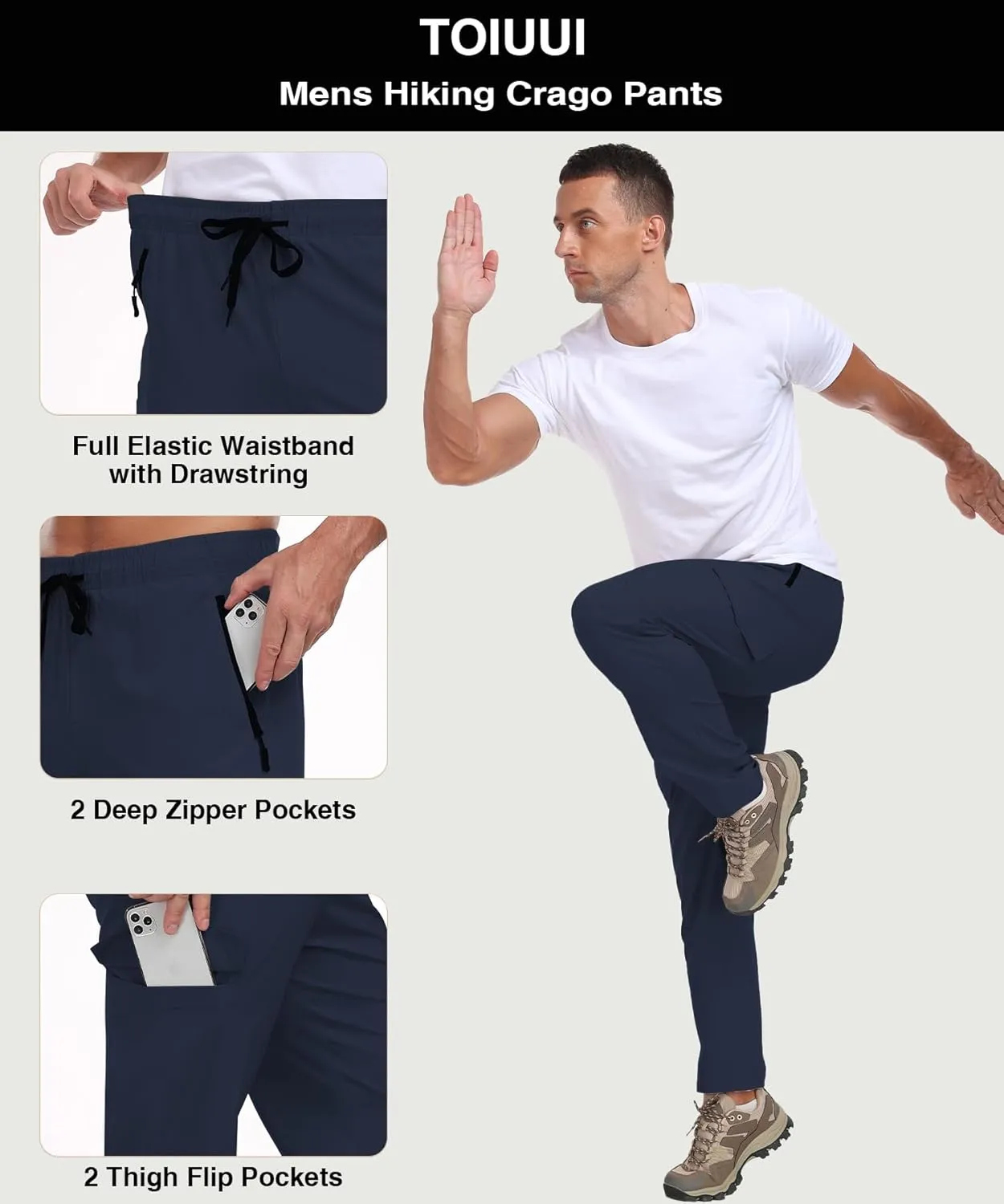 Hiking Pants Men Water Resistant Cargo Pants Lightweight Travel Pants with Zipper Pockets for Work Fishing Outdoor QYY24011
