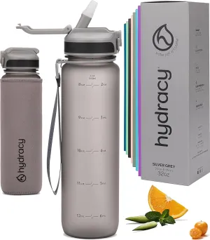 Hydracy Water Bottle with Time Marker -Large BPA Free Water Bottle & No Sweat Sleeve -Leak Proof Gym Bottle with Fruit Infuser Strainer & Times to Drink -Ideal for Fitness Sports & Outdoors