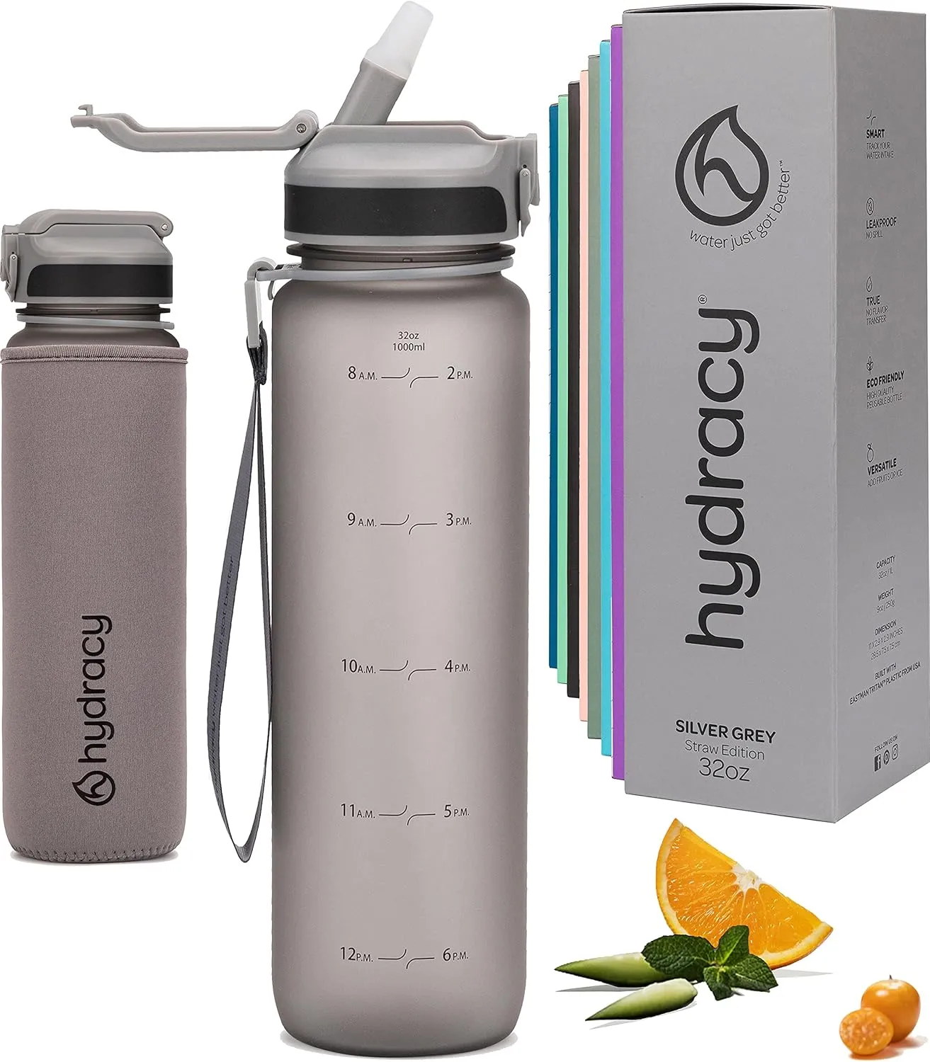 Hydracy Water Bottle with Time Marker -Large BPA Free Water Bottle & No Sweat Sleeve -Leak Proof Gym Bottle with Fruit Infuser Strainer & Times to Drink -Ideal for Fitness Sports & Outdoors