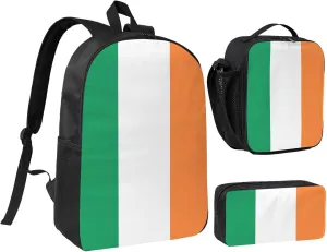 Irish flag print Backpack Set Casual Shoulder Bag Lunch Bag Pen Pouch 3 in 1 Set 17inch for Women Men College