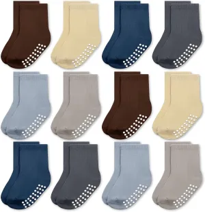 JAKIDAR 12 Pack Baby Toddler Socks Non Slip Grip Cotton Crew Socks for Boys Girls Infants Kids
