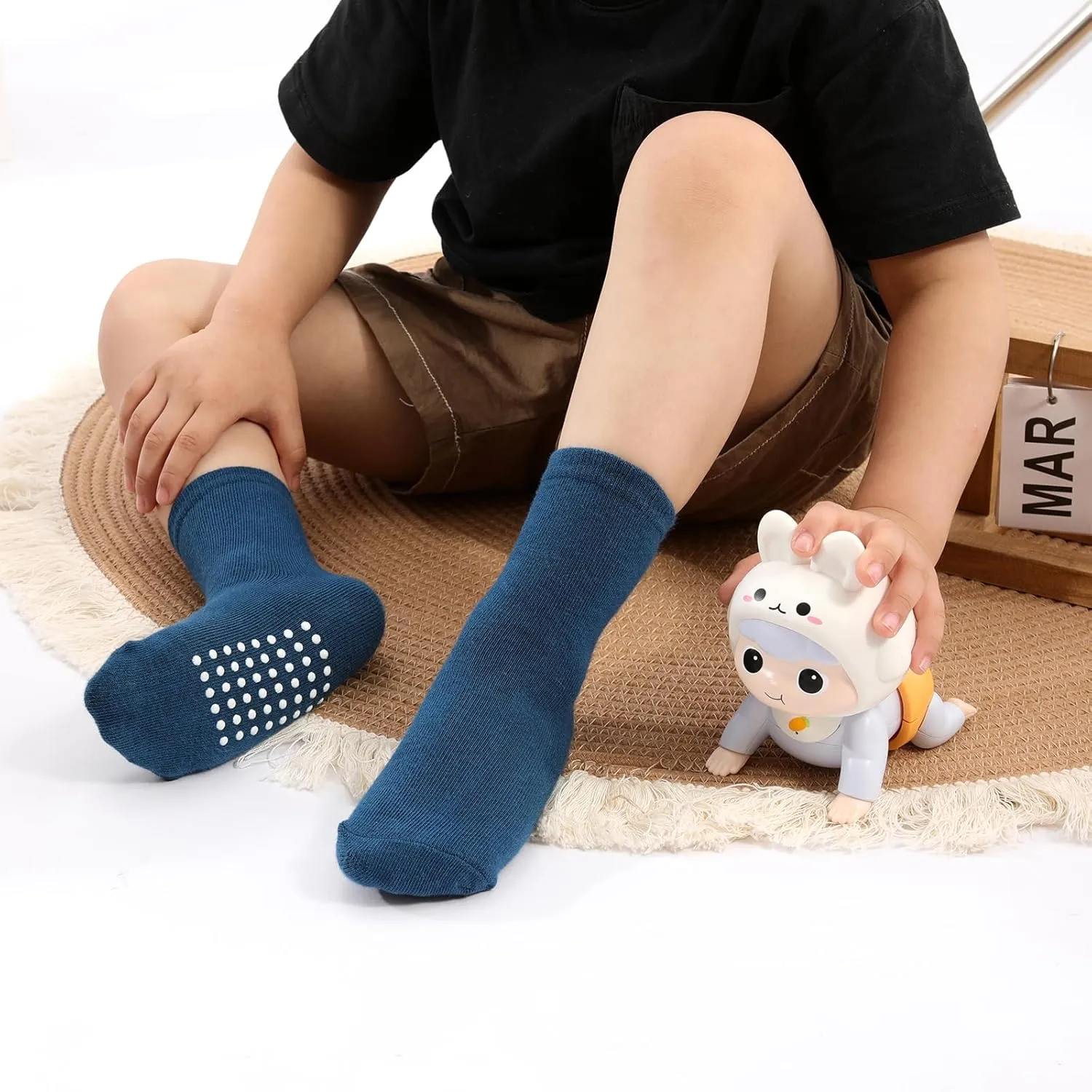JAKIDAR 12 Pack Baby Toddler Socks Non Slip Grip Cotton Crew Socks for Boys Girls Infants Kids