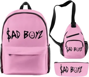 Junior H Sad Boyz Backpack Three Piece Set Casual Daypack Travel Bags (Pink)