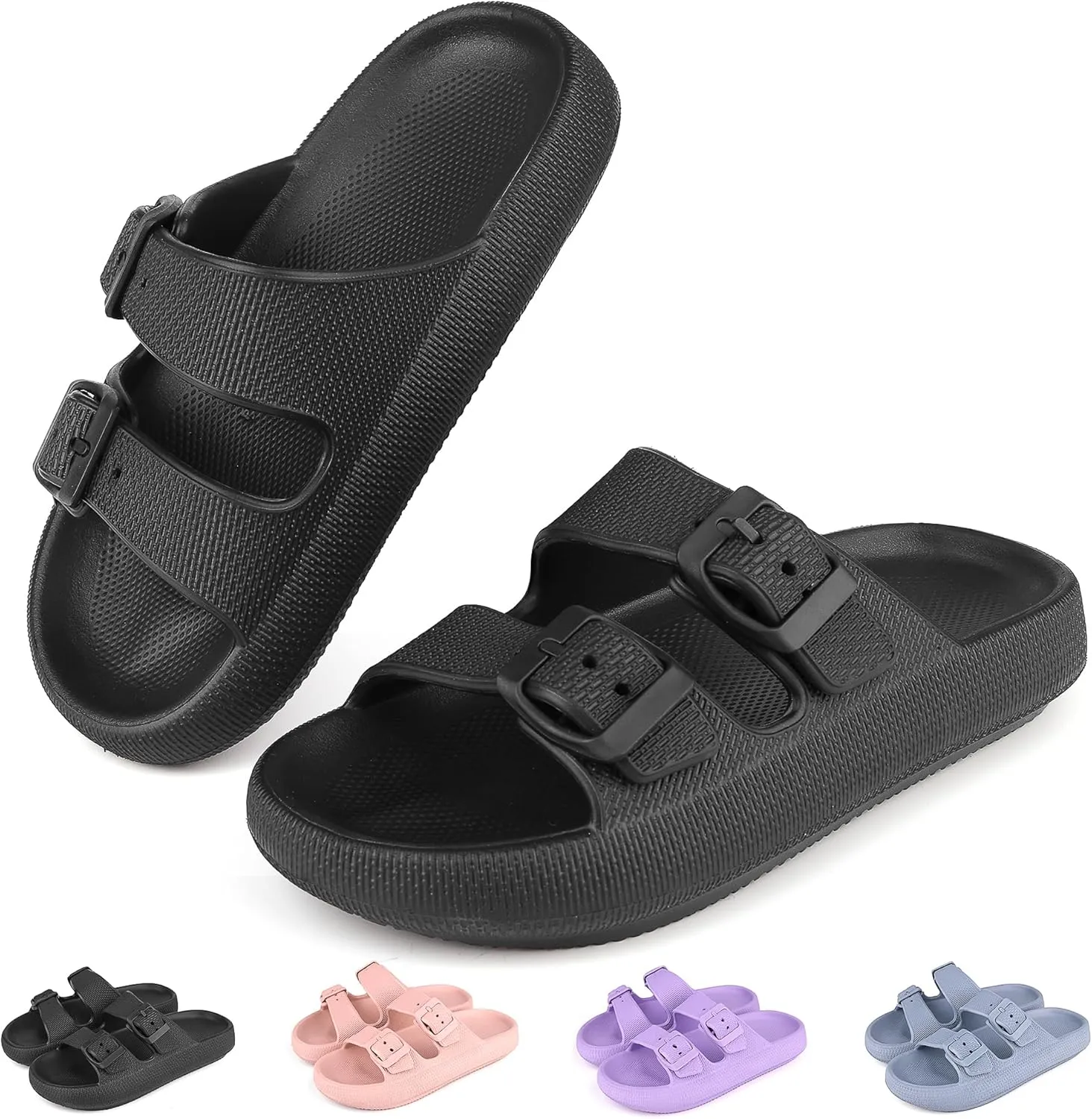 Kids Buckle Cloud Slides丨Boys Girls Slip On Sandals丨Youth Shower Flip Flops Beach Pool Shoes EVA Adjustable Summer Slippers （12 Little Kids - 7 Big Kids）