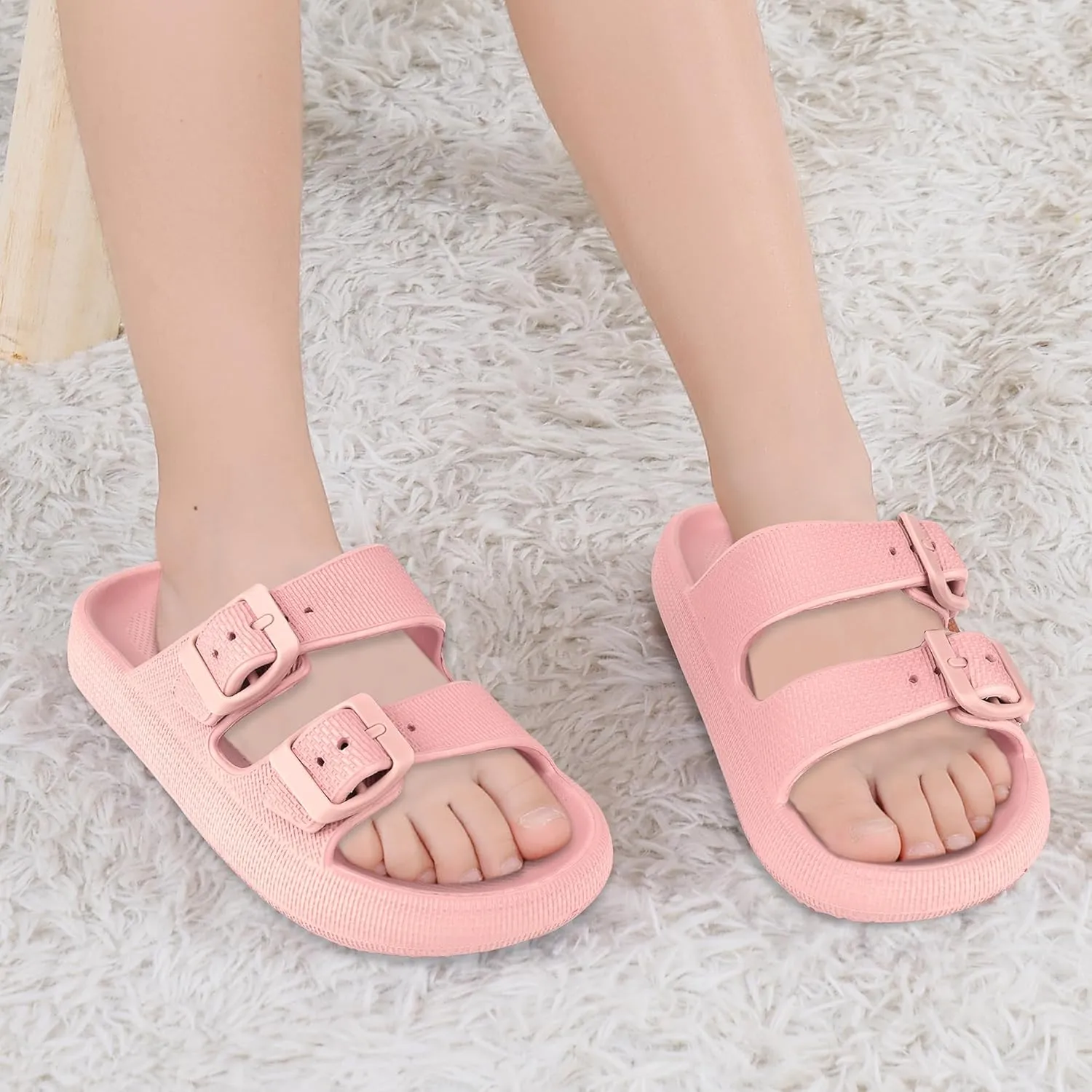 Kids Buckle Cloud Slides丨Boys Girls Slip On Sandals丨Youth Shower Flip Flops Beach Pool Shoes EVA Adjustable Summer Slippers （12 Little Kids - 7 Big Kids）
