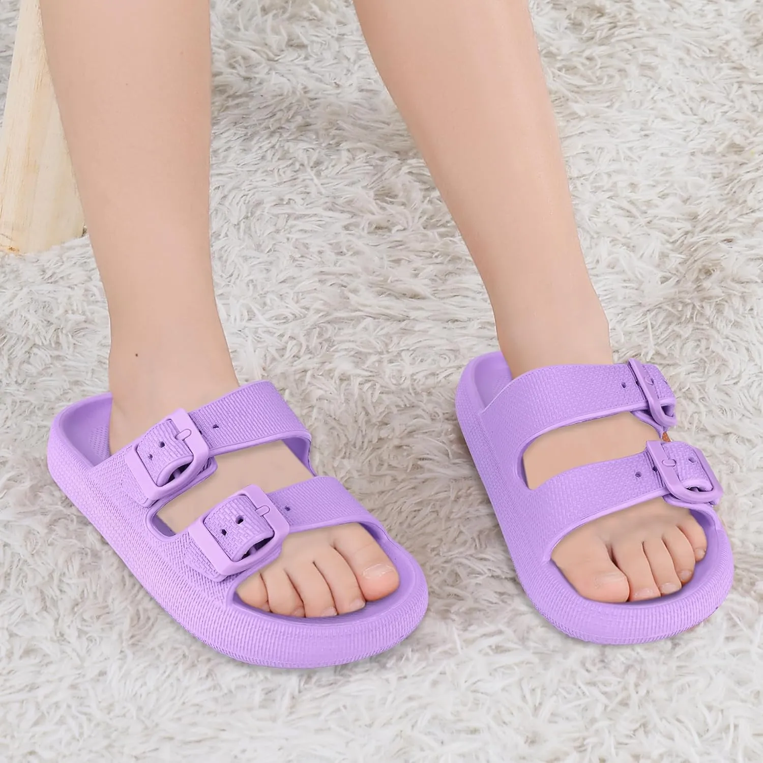 Kids Buckle Cloud Slides丨Boys Girls Slip On Sandals丨Youth Shower Flip Flops Beach Pool Shoes EVA Adjustable Summer Slippers （12 Little Kids - 7 Big Kids）