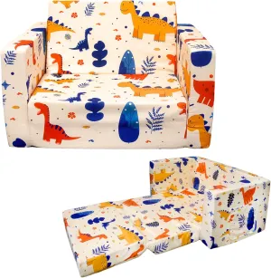 Kids Sofa Toddler Couch, Children's 2 in 1 Convertible Sofa to Lounger, Extra Soft Flip Open Chair Sofa Bed, Cute Dinosaur Print Toddler Chair for Kids Girls Boys (Grass Dinosaur, Medium)