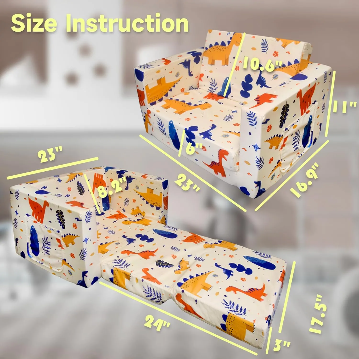Kids Sofa Toddler Couch, Children's 2 in 1 Convertible Sofa to Lounger, Extra Soft Flip Open Chair Sofa Bed, Cute Dinosaur Print Toddler Chair for Kids Girls Boys (Grass Dinosaur, Medium)