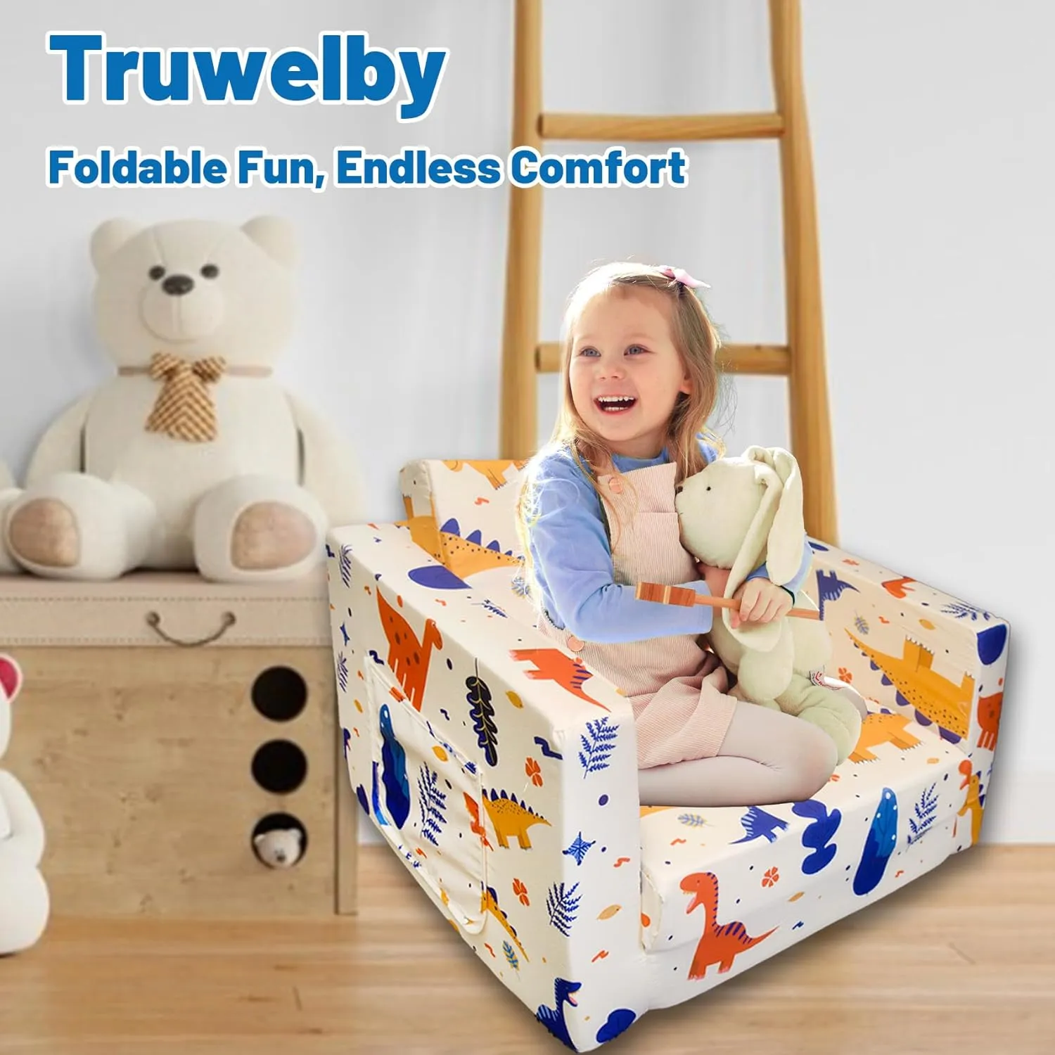Kids Sofa Toddler Couch, Children's 2 in 1 Convertible Sofa to Lounger, Extra Soft Flip Open Chair Sofa Bed, Cute Dinosaur Print Toddler Chair for Kids Girls Boys (Grass Dinosaur, Medium)
