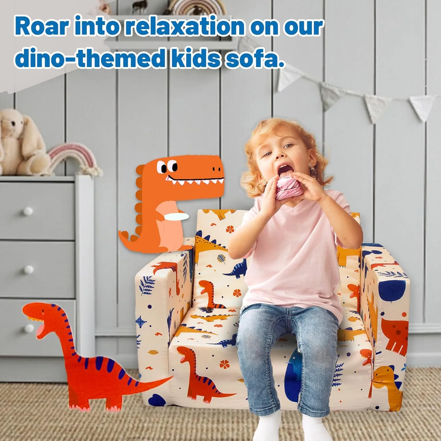 Kids Sofa Toddler Couch, Children's 2 in 1 Convertible Sofa to Lounger, Extra Soft Flip Open Chair Sofa Bed, Cute Dinosaur Print Toddler Chair for Kids Girls Boys (Grass Dinosaur, Medium)