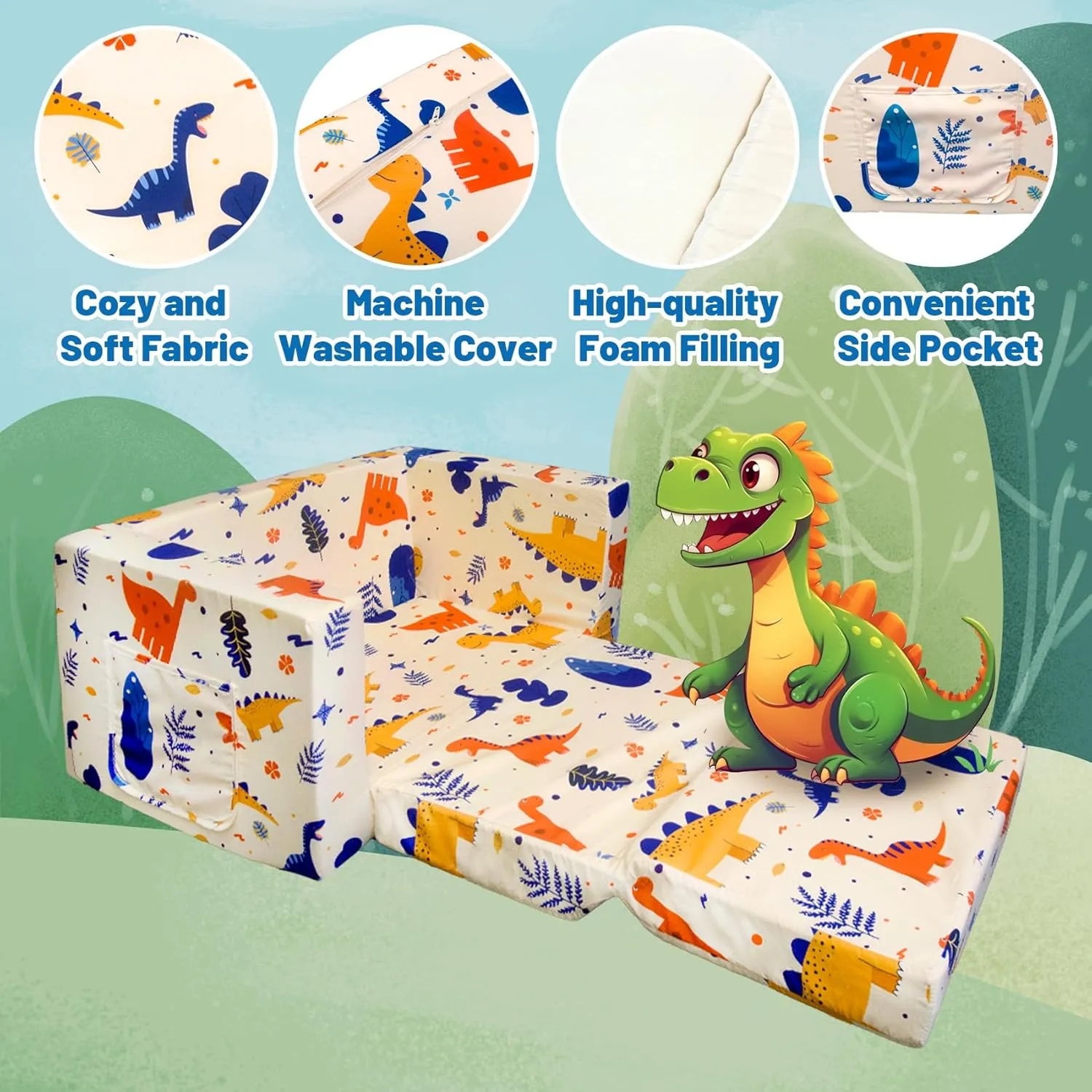 Kids Sofa Toddler Couch, Children's 2 in 1 Convertible Sofa to Lounger, Extra Soft Flip Open Chair Sofa Bed, Cute Dinosaur Print Toddler Chair for Kids Girls Boys (Grass Dinosaur, Medium)