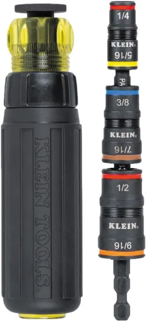 Klein Tools 32910RCHT Impact Driver, 7-in-1 SAE Impact Socket Set with Ratcheting Handle, Flip Socket with 1/4, 5/16, 3/8, 7/16, 1/2 and 9/16-Inch Nut Driver Sizes and 1/4-Inch Bit Holder