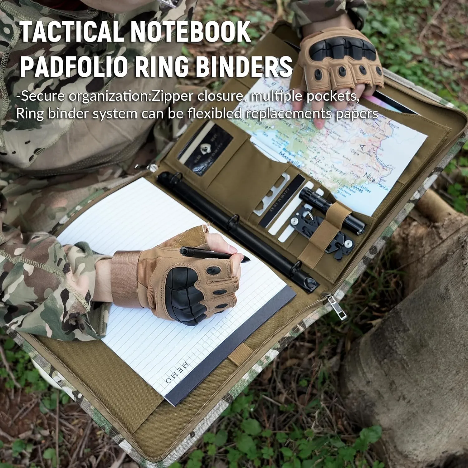 Kosibate Tactical Padfolio Portfolio Binder with Zipper and 25 Sheets of Letter Size Paper,Notebook Cover,Tactical Notebook with Zippered for Folders,Detachable 3-Ring Binder(A4,13.5X 11.5Inch)