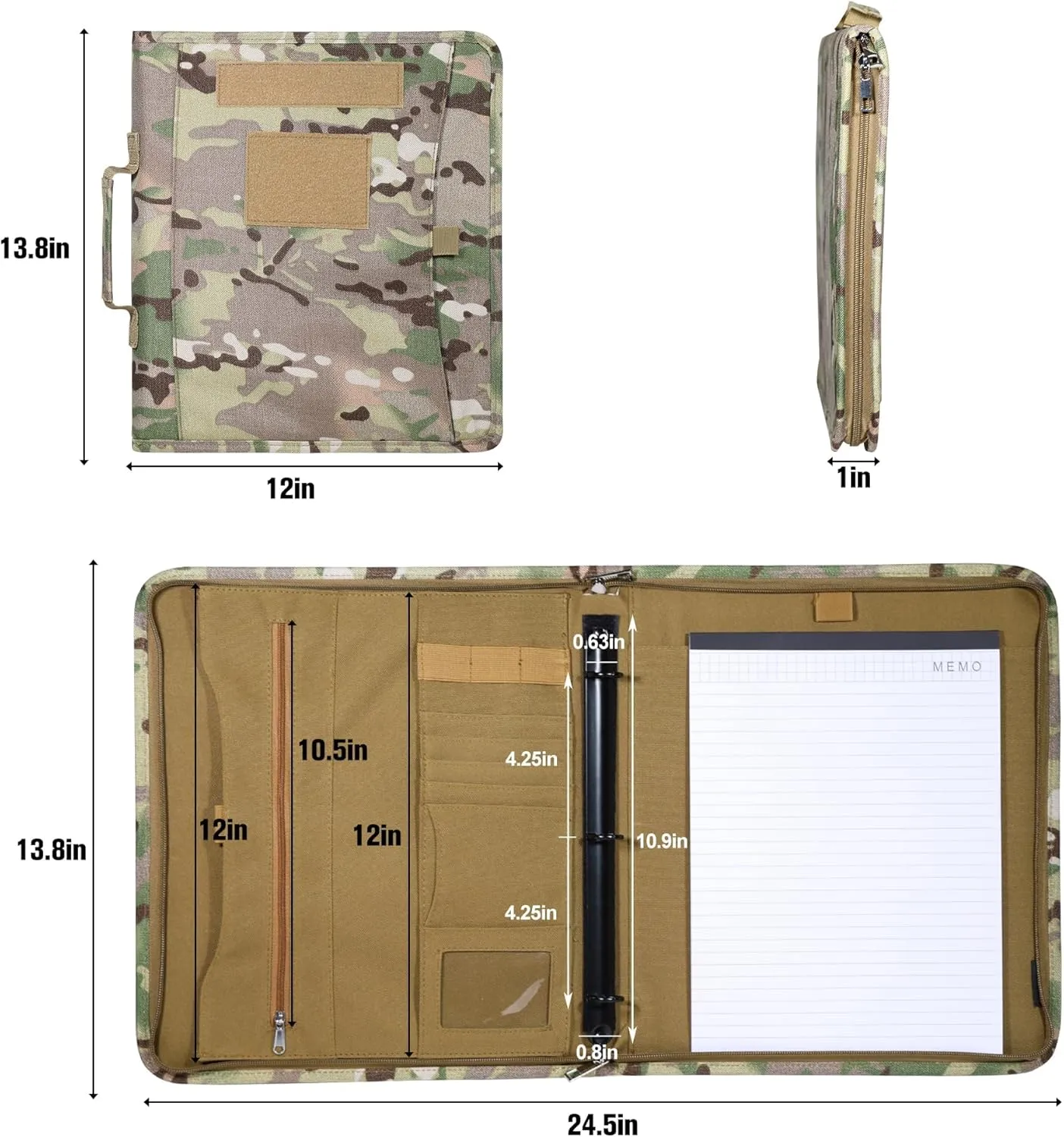 Kosibate Tactical Padfolio Portfolio Binder with Zipper and 25 Sheets of Letter Size Paper,Notebook Cover,Tactical Notebook with Zippered for Folders,Detachable 3-Ring Binder(A4,13.5X 11.5Inch)