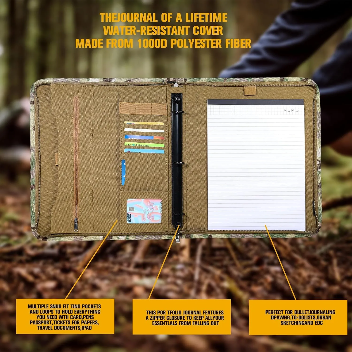 Kosibate Tactical Padfolio Portfolio Binder with Zipper and 25 Sheets of Letter Size Paper,Notebook Cover,Tactical Notebook with Zippered for Folders,Detachable 3-Ring Binder(A4,13.5X 11.5Inch)