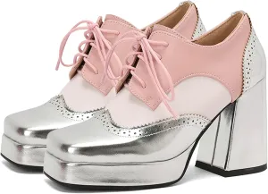 KysBloes Women Platform Oxford Shoes Chunky High Heel Pumps Vintage Wingtip Oxford Shoes Square Toe Lace Up Booties