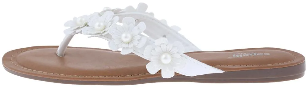 Ladies White Flowers with Pearl Trim Flip Flop