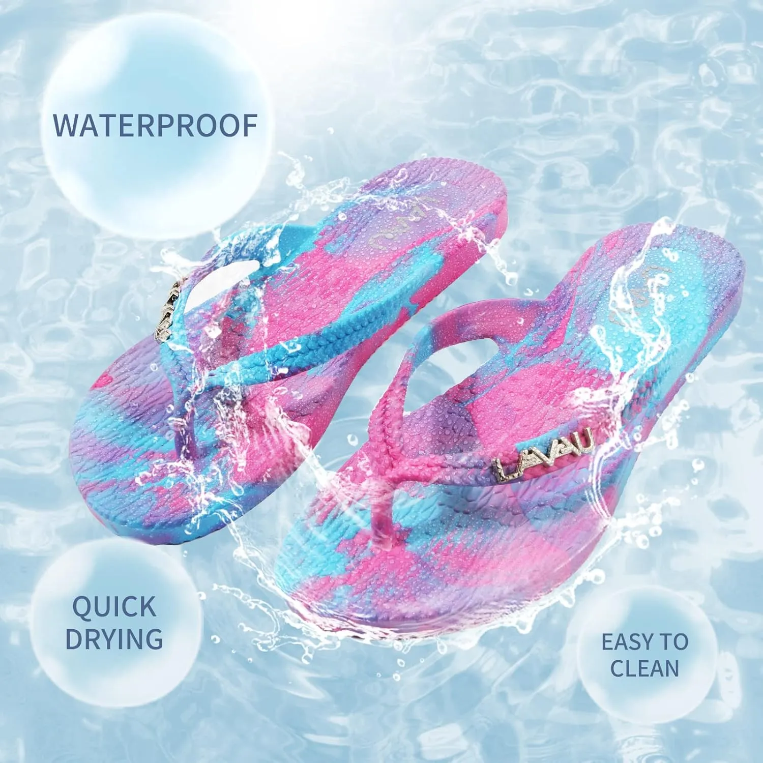 LAVAU Women Waterproof Flip Flops, Shower & Water No-Slip Sandals for Pool and Beach