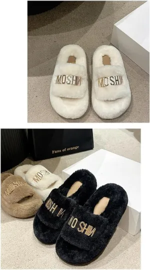 Letter Button Artificial Lamb Wool Flip-Flops Winter Spring Women'S Advanced Fluffy Non-Slip Slippers Indoor Outdoor