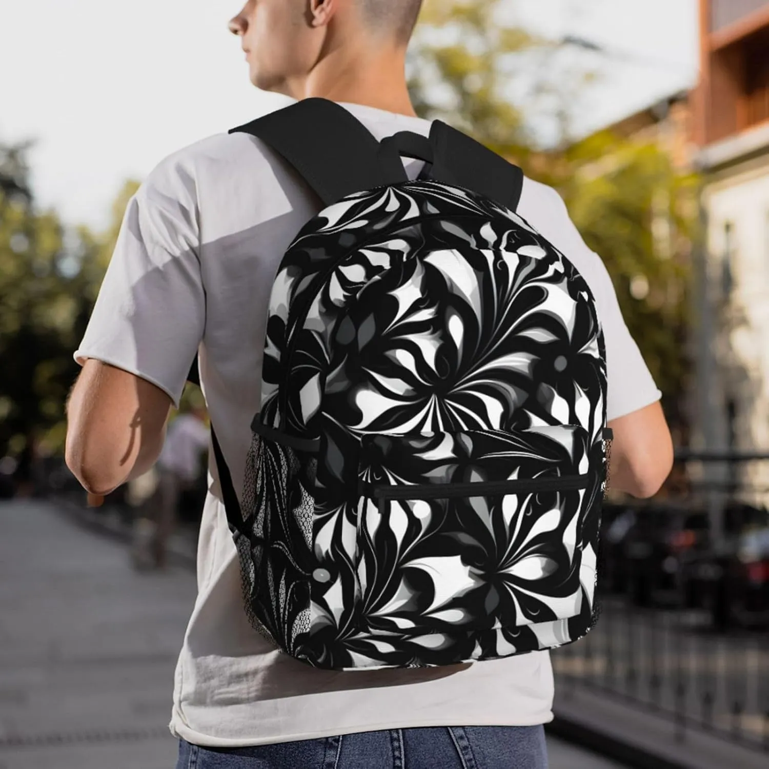 Lightweight Laptop Backpack,Casual Daypack Travel Backpack Bookbag Work Bag for Men and Women-Black and white patterns